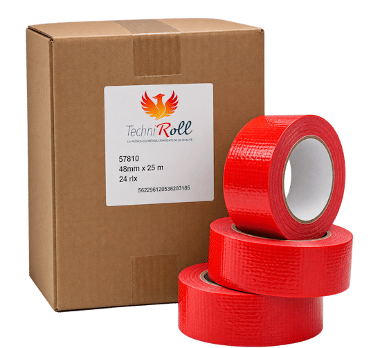Trois rouleaux de ruban adhésif renforcé rouge Techni’Roll avec leur carton